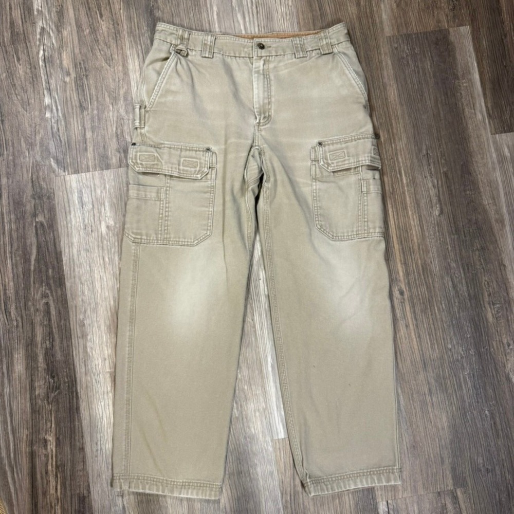 Duluth Trading Co Mens 36x32 Khaki Cotton Canvas Cargo Work Pants Distressed